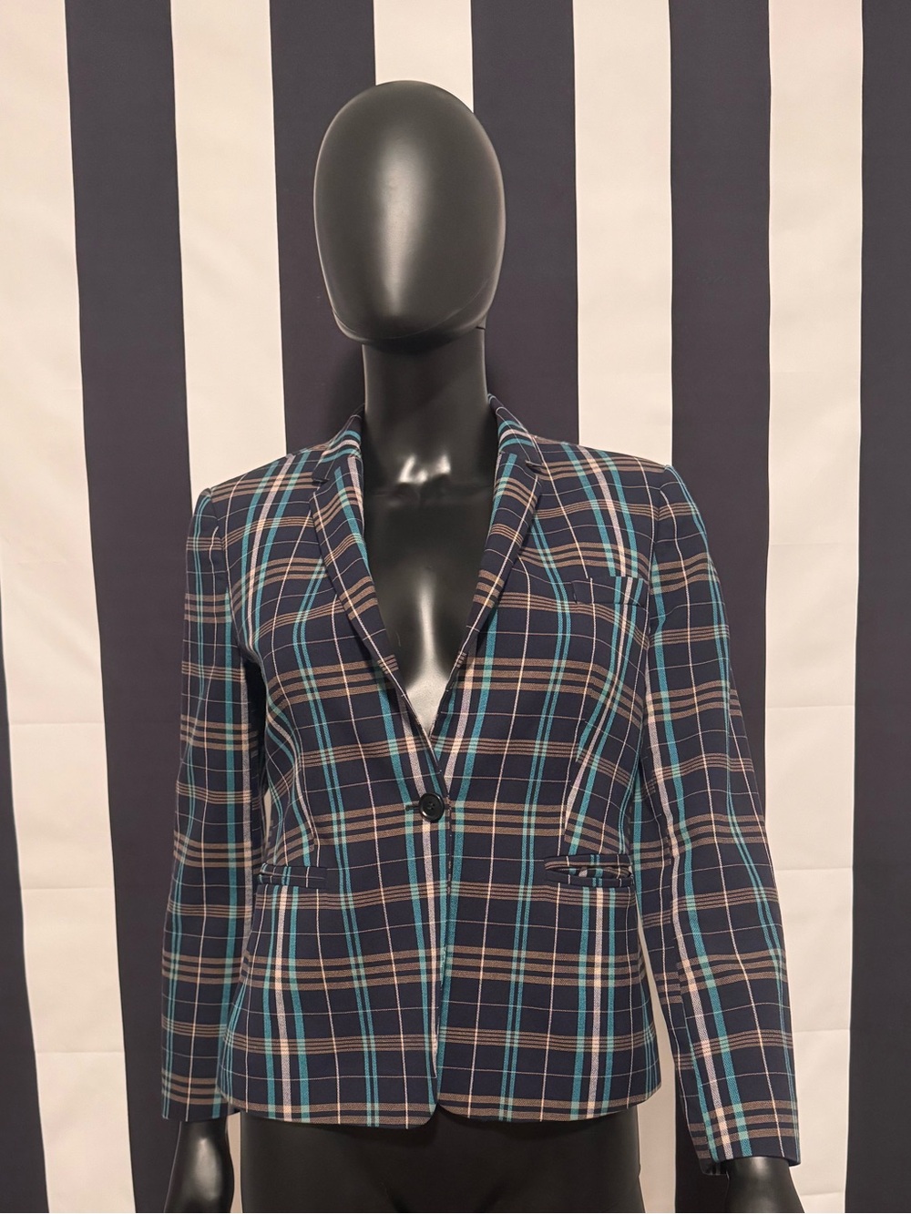 Boss Navy and Teal Plaid Single-Button Blazer